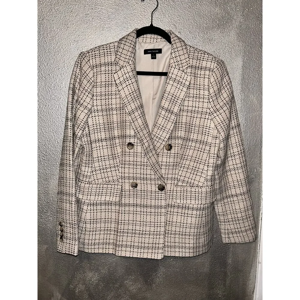 Ann Taylor Tweed Blazer Size 6 Black Cream Career Jacket NWOT Double Breasted